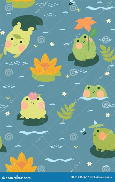 Seamless Pattern With Cute Frogs And Water Lilies Vector Graphics