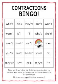 Contractions Bingo Game 30 Boards Literacy Activity By A Kiwi Teacher