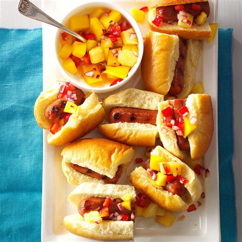 Hot Dog Sliders With Mango Pineapple Salsa Recipe Taste Of Home