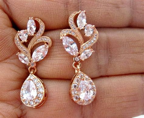 Rose Gold Wedding Earrings Rose Gold Bridal Earrings Crystal Etsy