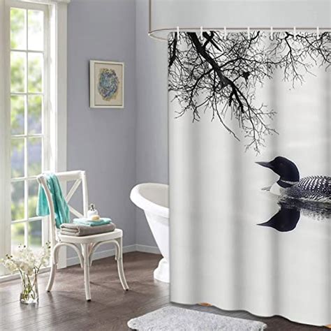Semtomn Shower Curtain Water Black And White Loon On Lake Cottage Bird