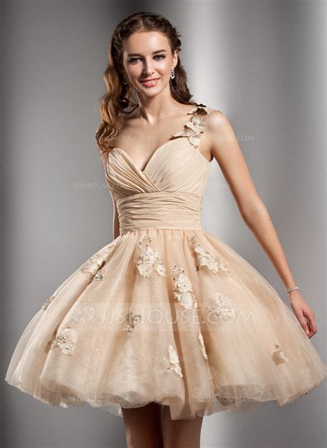 a line princess one shoulder short mini tulle homecoming dress with ruffle beading flower s