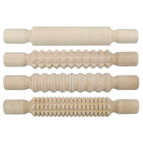 Set Of 4 Patterned Wooden Rolling Pins For Use With Modelling Clay And