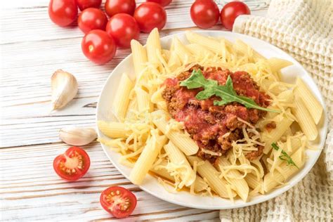 Italian Pasta Bolognese From Pasta Penne Rigatone Minced Meat In Tomato