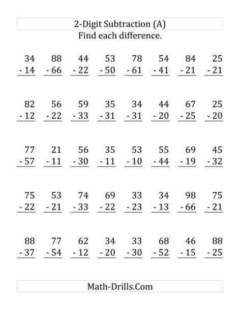 Free Printable 2 Digit Subtraction Worksheets Without Regrouping
