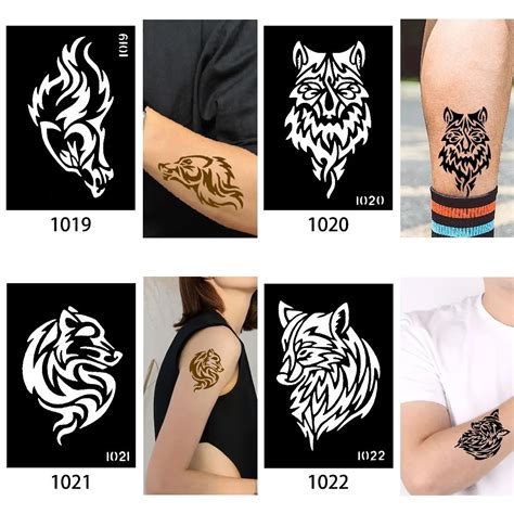 10 Piecesset Henna Tattoo Stencil Wolf Pattern Paste Drawing Body Art