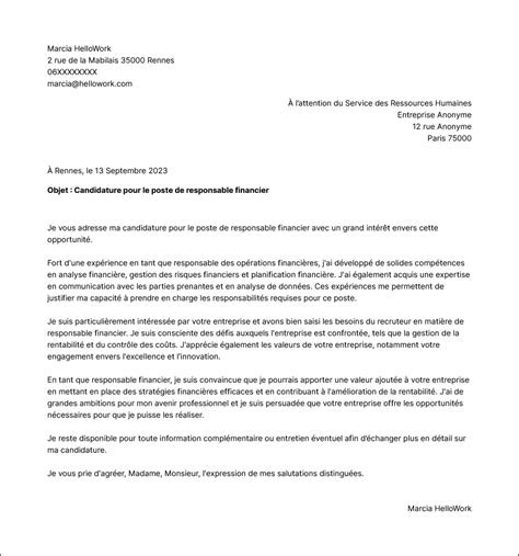 Exemple Lettre De Motivation Responsable Financier Hellowork