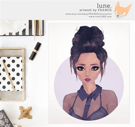 Blog Girl Avatar Premade Fashion Illustration Handdrawn Artwork Of Black Hair Tortishell