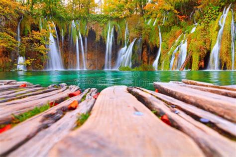 Famous Plitvice Lakes With Beautiful Autumn Colors And Magnificent