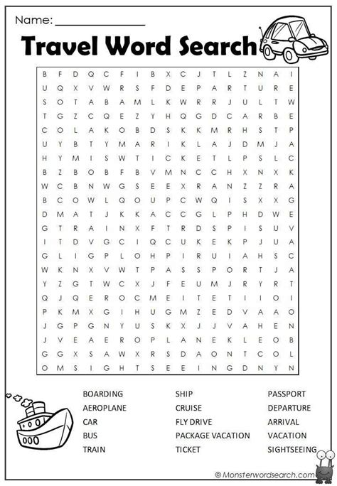 The Travel Word Search Is Shown In Black And White With An Image Of A Car