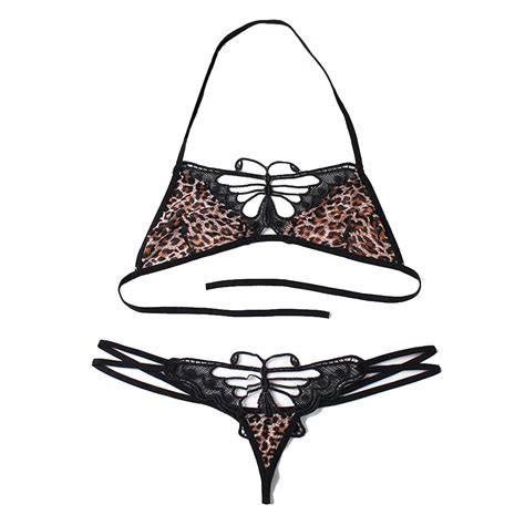 For Woman Halter Bra Butterfly G String Brief Set Wild Leopard Print Sex Lingerie See Through