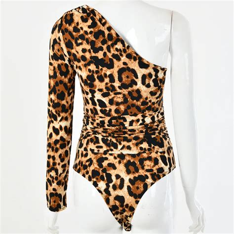 Leopard Printed Bodysuit For Women Sexy Bodycon Body Suit One Shoulder