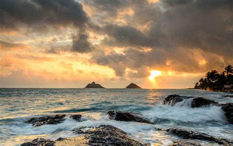 Hawaii Ocean Rocks Sunrise Waves Wallpaper Nature And Landscape