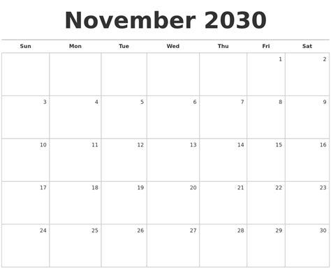 November 2030 Blank Monthly Calendar