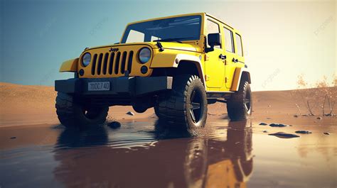 سيارة جيب صفراء تقود في الصحراء 3d جيب تصميم التوضيح الصورة صور عالية