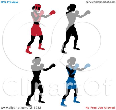 Clipart Of Silhouetted Female Boxers In Different Colored Gear