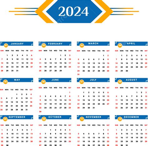 Sarı Ve Mavi Geometrik Stille 2024 Yıllık Takvimi Vektör Takvim 2024