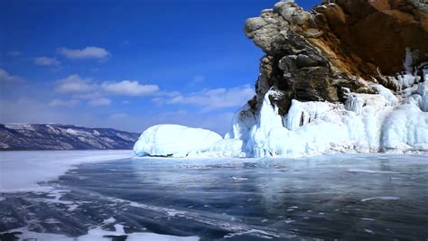 Baikal Lake Winter Beautiful Ice Covered Rocks Stock Footage Video 100