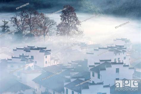 Mist Covered Scene In Shicheng Village Late Autumn Landscape Of Wuyuan