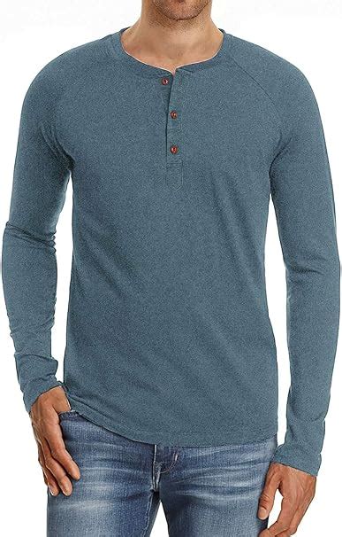 Mens Henley Long Sleeve T Shirts Button Round Neck Slim Fit Cotton Tops