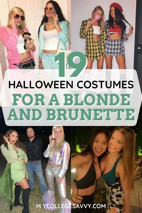Halloween Costumes For A Blonde And Brunette Woman With Text Overlay