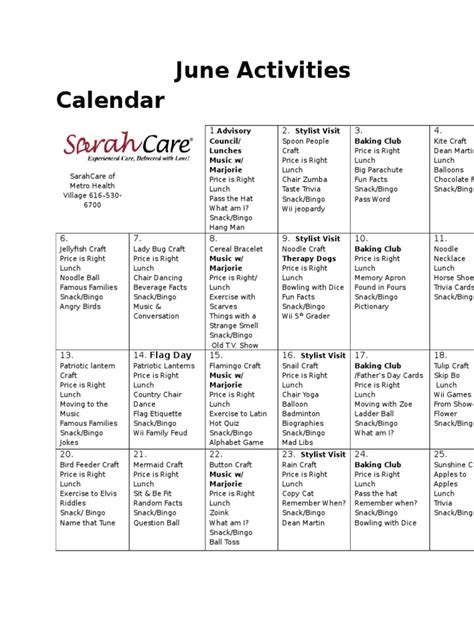 june activity calendar pdf leisure foods