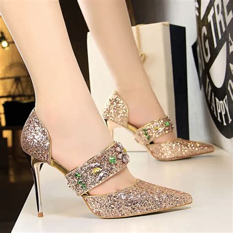 lasyarrow sexy glitter women s pumps sandals cutouts pointed toe crystal shoes bling bling