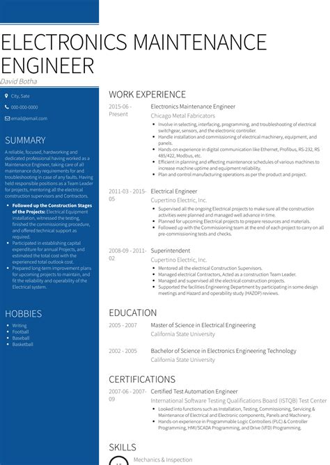 This word template is suitable to all professions and specially to engineer, architect, etc. Maintenance Engineer - Resume Samples and Templates | VisualCV