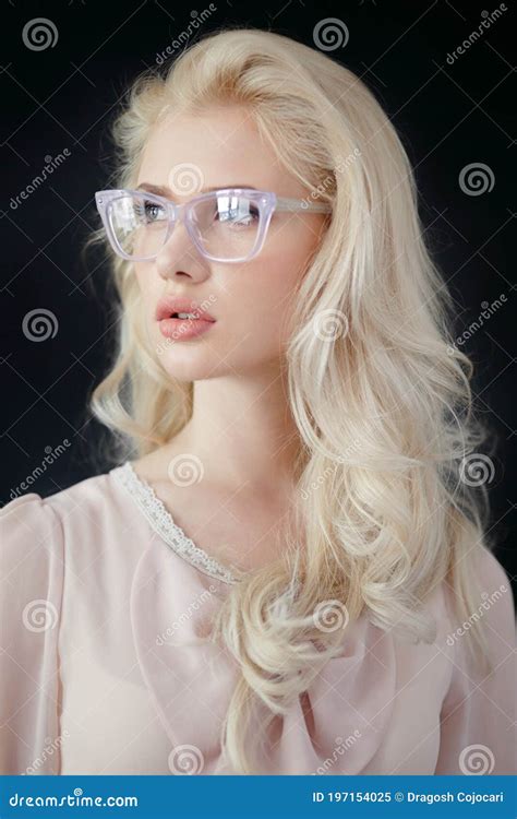 Beautiful Blonde Woman Wearing Eyeglasses Close Up Portrait Stock