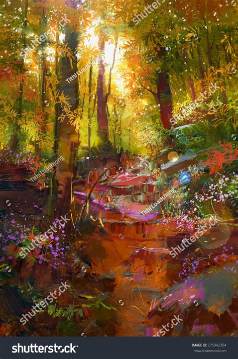 Landscape Painting Of Beautiful Autumn Forest With