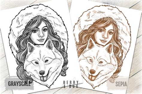 Winter Wolf Girl Coloring Page Printable Adult Coloring Page Etsy