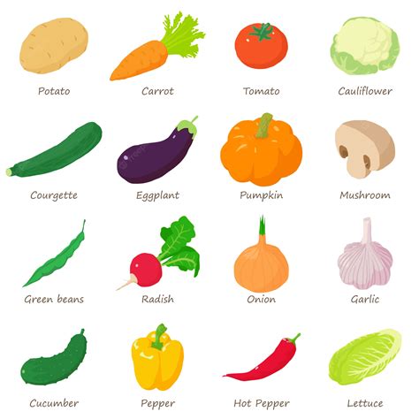 Verduras Firmadas Nombres Iconos Conjunto Ilustración Isométrica De 16