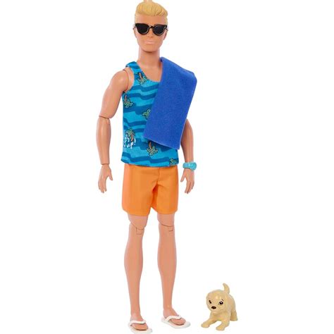 Mattel Ken Doll With Surfboard And Pet Puppy Poseable Blonde Barbie