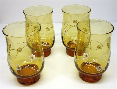 4 Vintage Libbey Tulipware Glasses Amber With White Flowers 14 Etsy