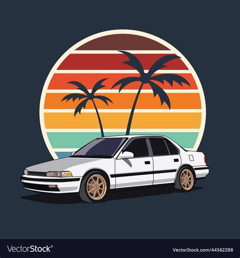 Vintage Car Sunset Andt Coconut Tree Background Vector Image