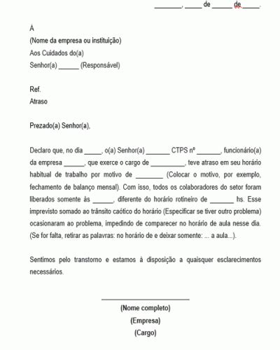 Modelo De Carta Justificativa De Atraso Ou Falta Por Motivo De Trabalho