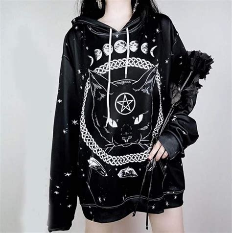 Gothic Oversized Cat Moon Printed Hoodies Steampunk Loose Black Pullover Women Hooded Sweatshirt