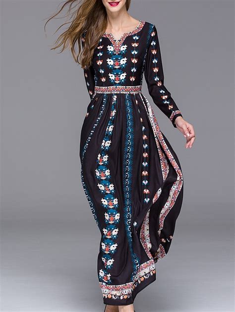 Black V Neck Long Sleeve Floral Print Maxi Dress Sheinsheinside