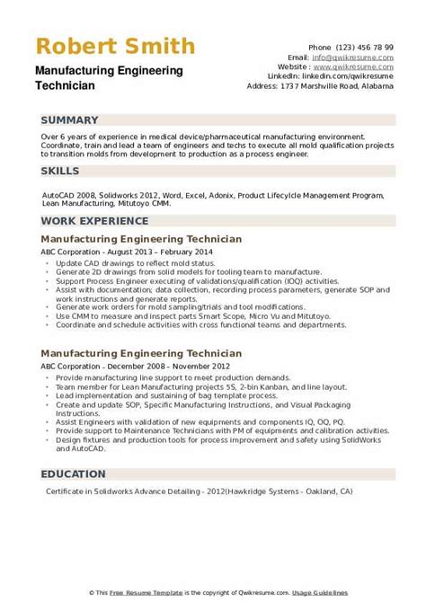 Manufacturing Engineering Technician Resume Samples Qwikresume