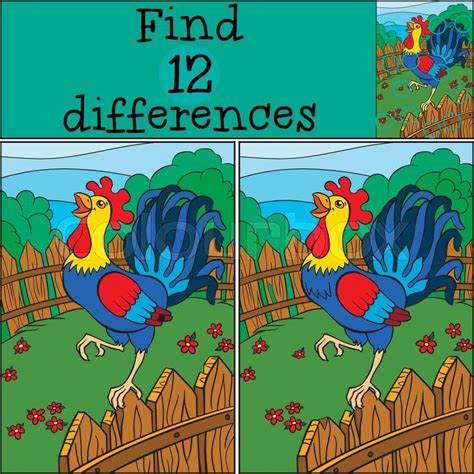 Children Games Find Differences Cute Beautiful Rooster Stands On The