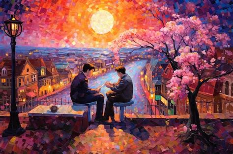 Premium Ai Image A Painting Of Two Men Sitting On A Ledge With The