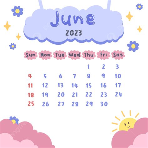 June 2023 Monthly Calendar Cute Design Aesthetic Transparent Background