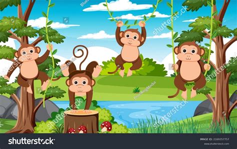Monkey Group Forest Background Illustration Stock Vector Royalty Free