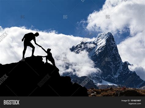 Teamwork Couple Hiking Help Each Other Trust Assistance Silhouette In