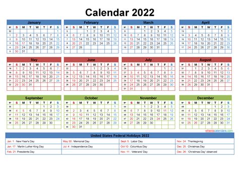 Printable Yearly 2022 Calendar With Holidays Word Pdf