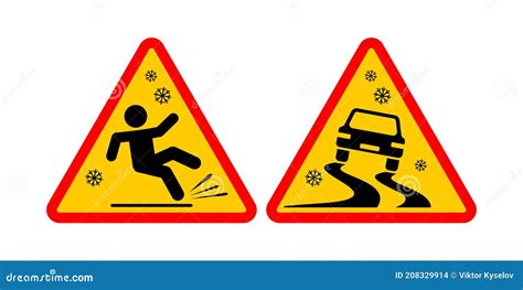 Winter Slippery Road Warning Sign Stock Vector Illustration Of Snowy