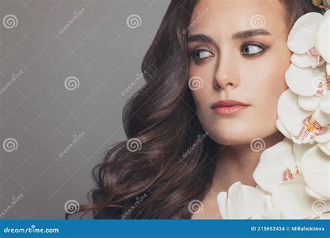 Cute Model Woman With White Orchids Portrait Stock Photo Image Of