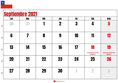 Calendario Septiembre 2021 Chilie Para Imprimir