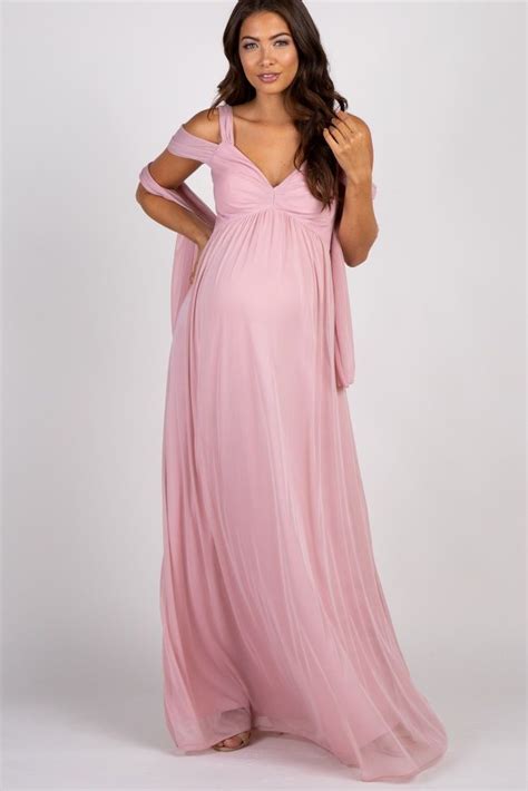 Light Pink Chiffon Cold Shoulder Maternity Evening Gown Maternity