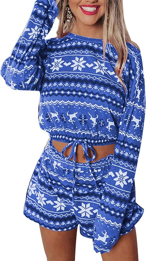 womens 2 pieces christmas pajama shorts set casual fuzzy flannel long sleeves sweatshirt shorts